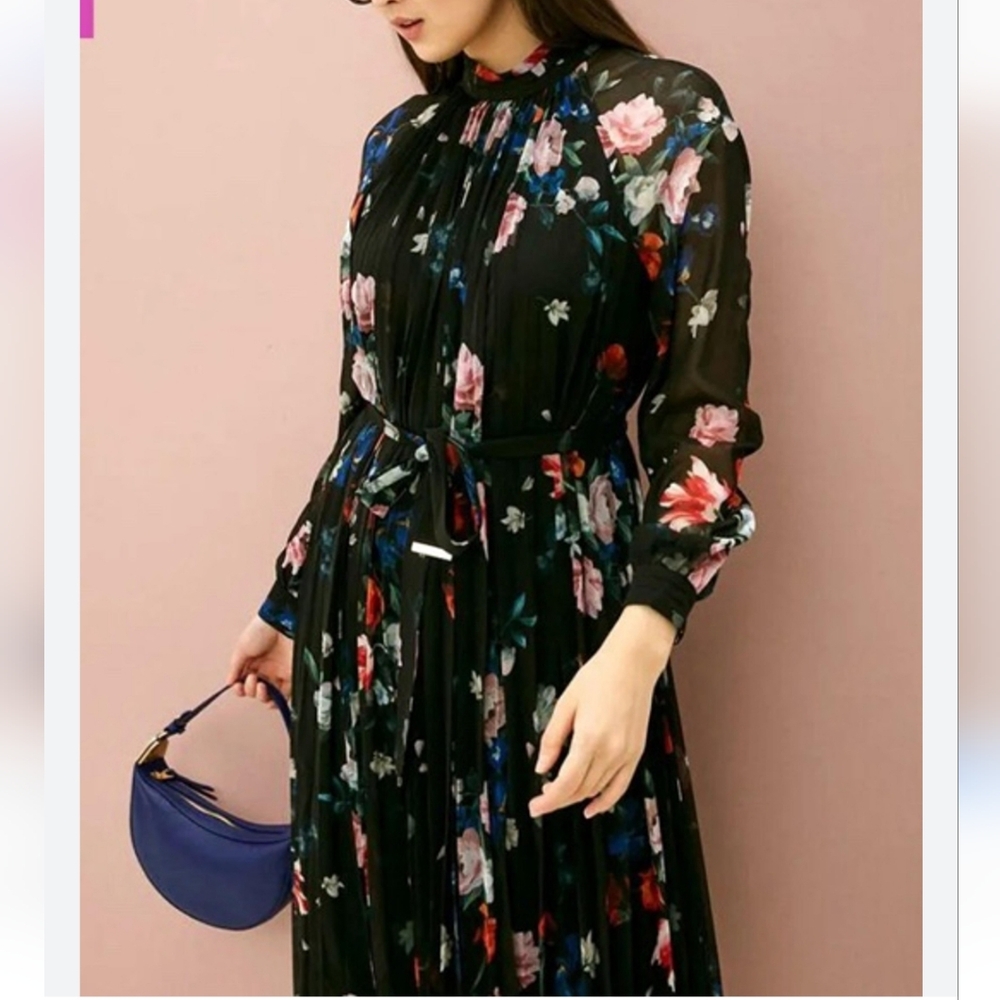 TED BAKER Naniro Floral Pleated Long Sleeve Midi Dress Size 2
